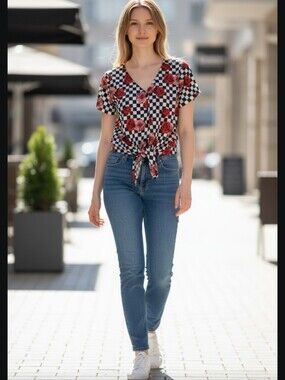 Women's Rue 21  Black & White Checker Rose Tie-Front Top